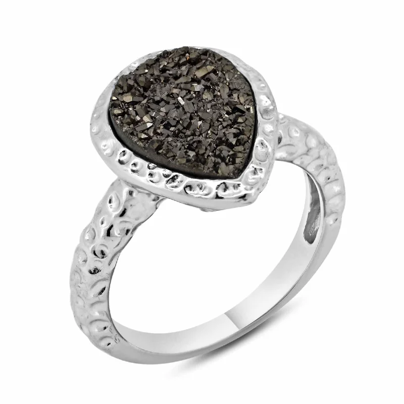 Engagement Ring with Sapphire-Silver 925 Rhodium Plated Pear Brown Druzy Gemstone Ring - BGR00748