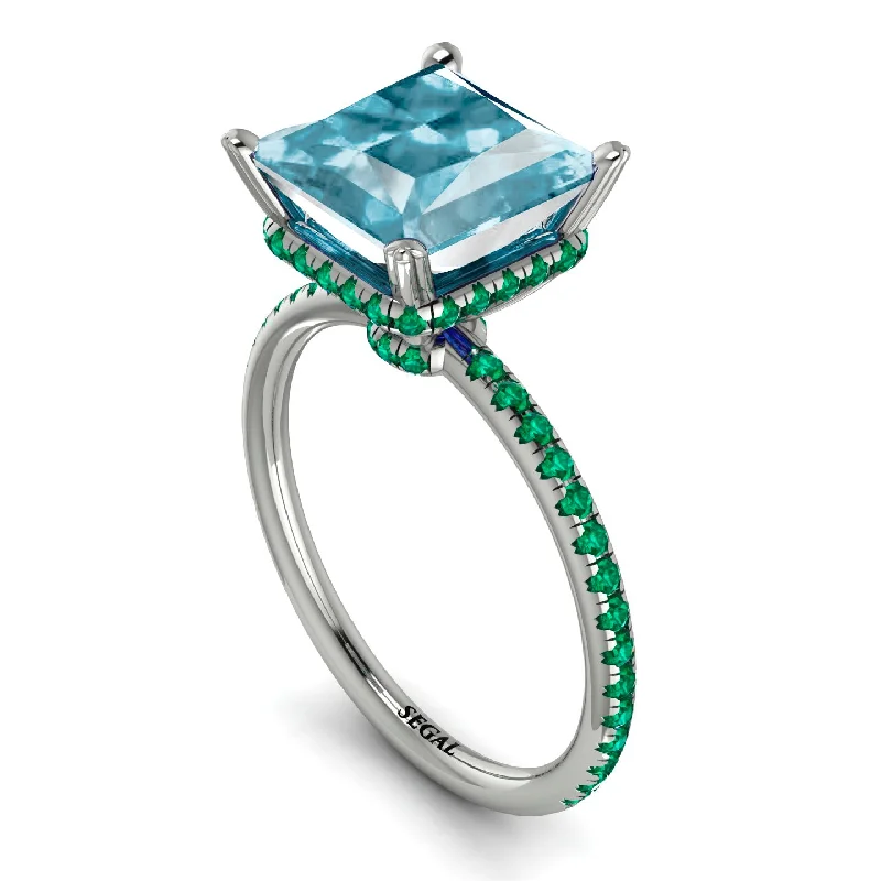 Luxury Bridal Rings-Trendy Hidden Halo Aquamarine Princess Cut Engagement Ring - Daria No. 406