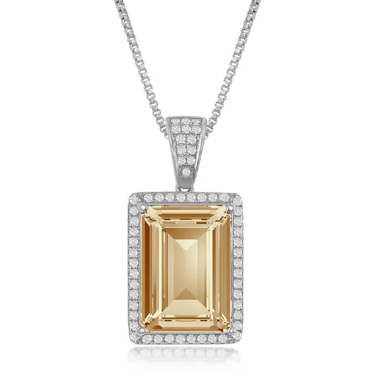 Sterling Silver CZ and 14x10mm Rectangular Step-Cut Golden Shadow Swarovski Element Necklace