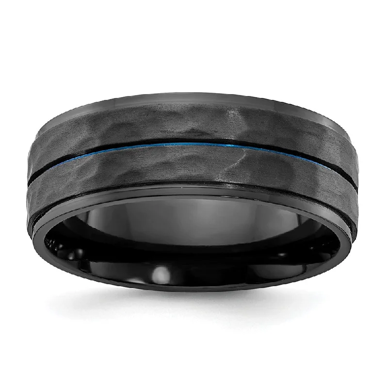 Designer Wedding Rings-8mm Black Zirconium & Blue Plated Brushed & Hammered Band