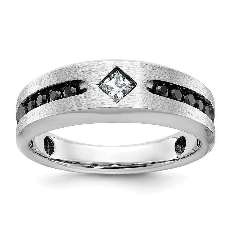 Designer Wedding Bands-Mens 8mm 14K White Gold Black Rhodium Black/White Diamond Tapered Band