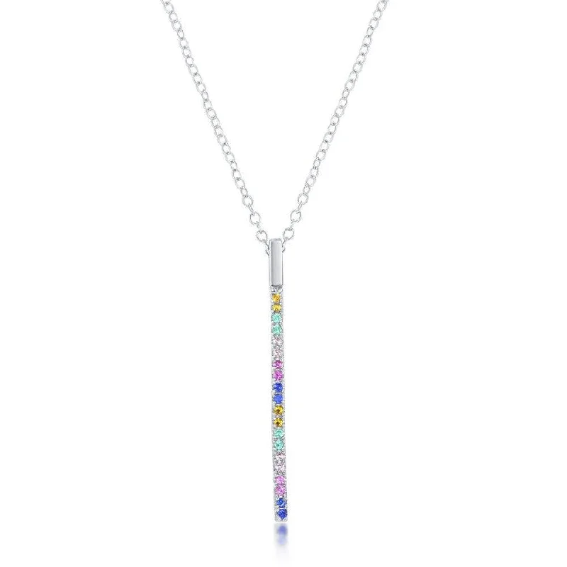 Sterling Silver Rainbow Cubic Zirconia Vertical Bar Necklace