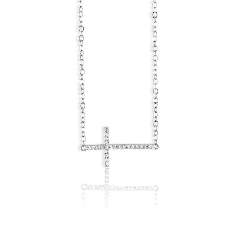 Sterling Silver Sideways CZ Cross Design Necklace