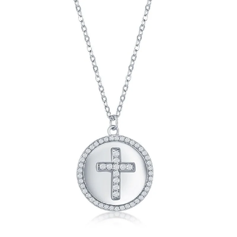 Sterlilng Silver Micro Pave CZ Disc Necklace - Cross