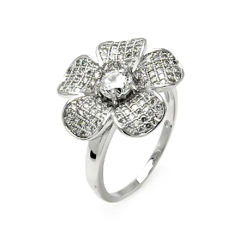 Wedding Bands for Women-Silver 925 Rhodium Plated Clear Micro Pave Set CZ Flower Ring - BGR00528