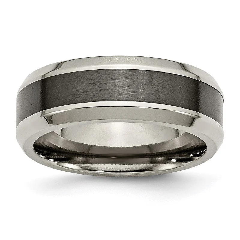 Dainty Gemstone Rings-Men's 8mm Titanium & Brushed Black Ceramic Beveled Comfort Fit Band