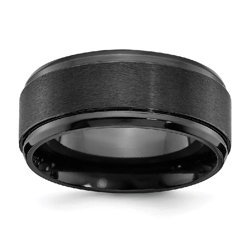 Trendy Silver Rings-9mm Black Zirconium Ridged & Beveled Edge Standard Fit Band