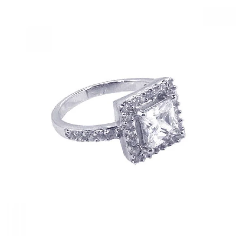 Customizable Bridal Rings-Silver 925 Rhodium Plated Square Center Cluster CZ Ring - STR00419