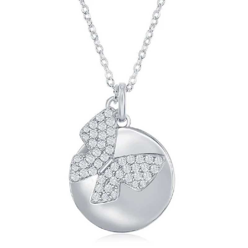 Sterling Silver Shiny Disc with Micro Pave Butterfly Necklace