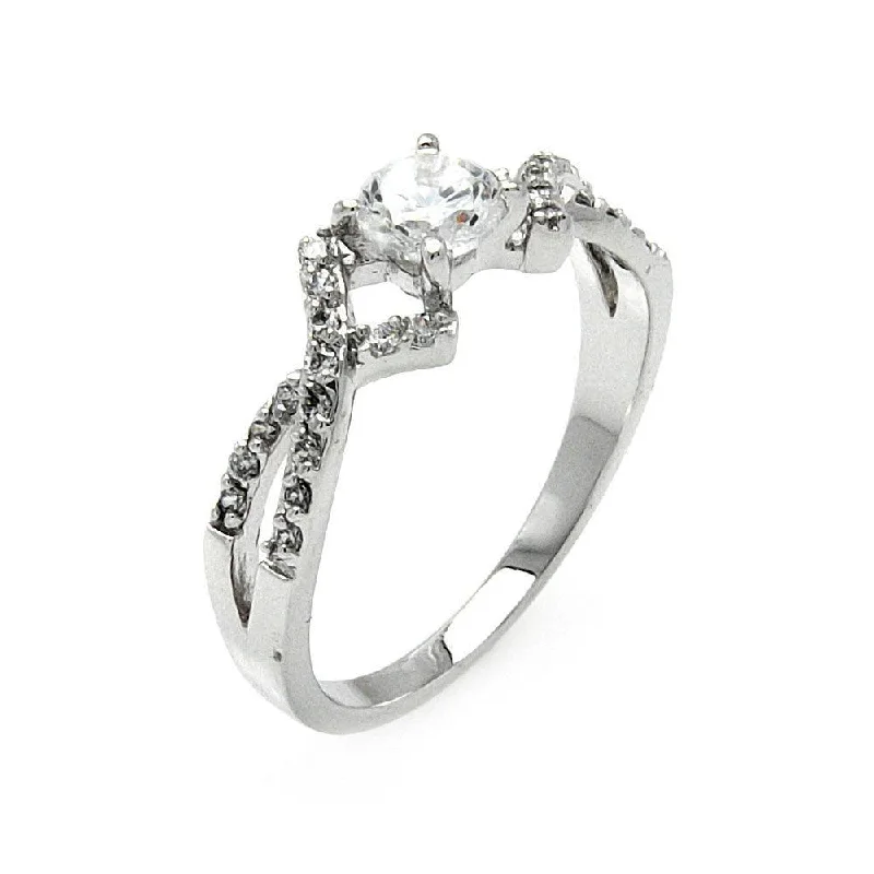 Adjustable Silver Rings-Silver 925 Rhodium Plated Clear Round Center CZ Overlap Ring - BGR00473