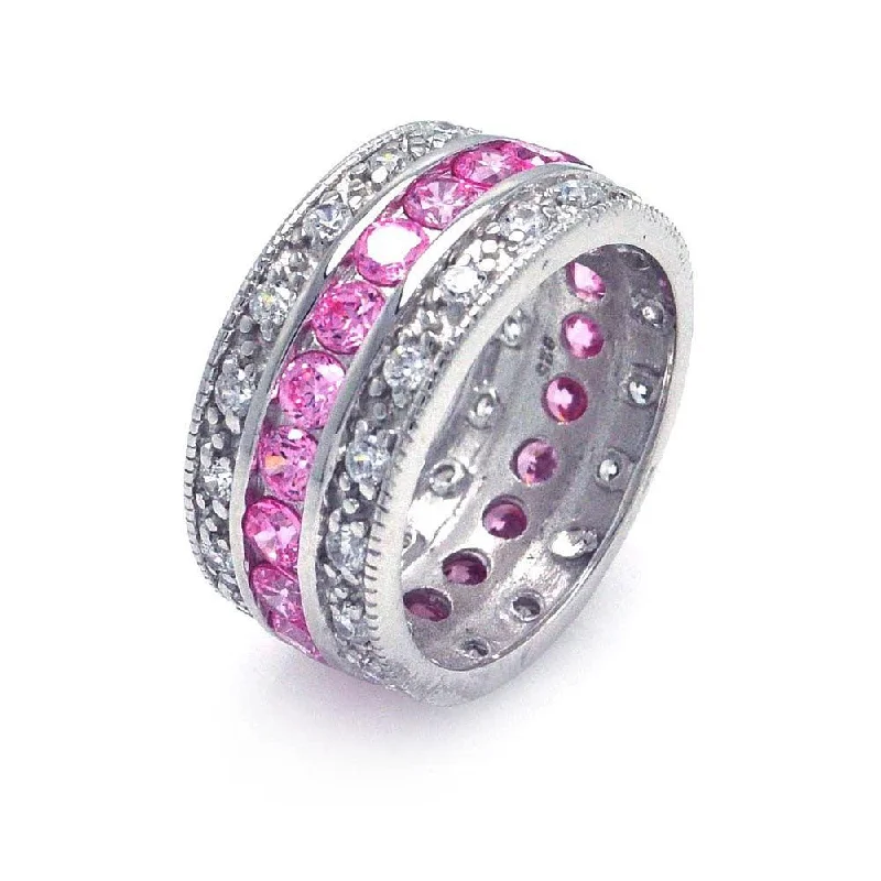 Beautiful Custom Rings-Silver 925 Rhodium Plated Clear and Pink CZ Channel Eternity Ring - STR00508PNK