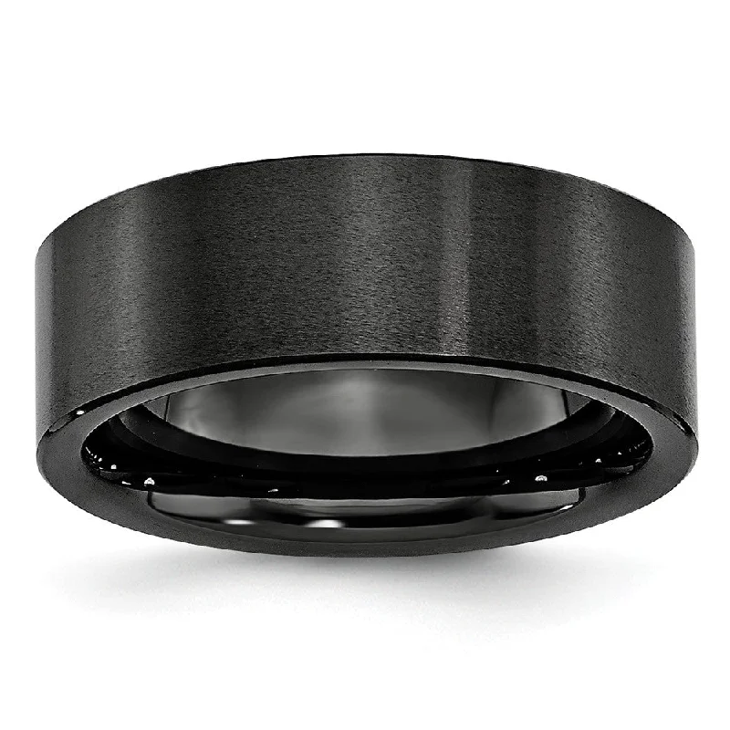 Silver Wedding Bands-Black Ceramic, 8mm Flat Brushed Comfort Fit Band