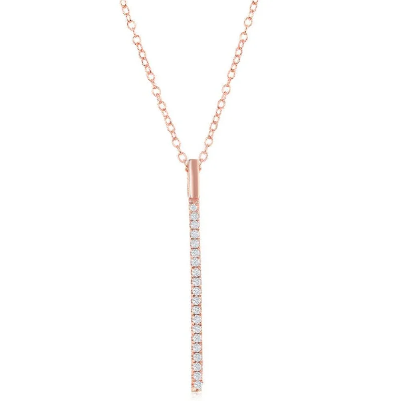 Sterling Silver Rose Gold Plated CZ Vertical Bar Necklace