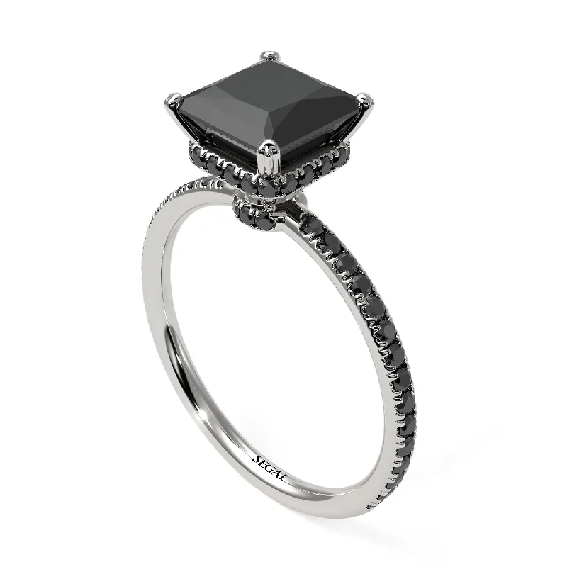 Custom Gemstone Wedding Bands-Trendy Hidden Halo Black Diamond Princess Cut Engagement Ring - Daria No. 39