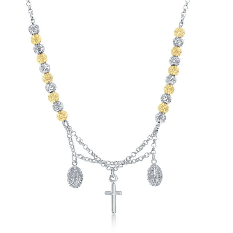 Sterling Silver Two Tone Cross and Medal Necklace