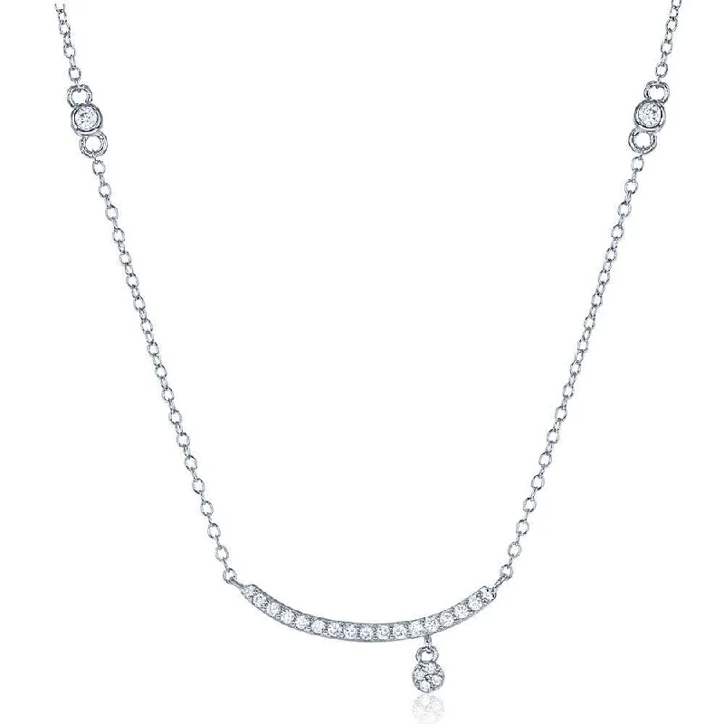 Sterling Silver Thin CZ Curved Bar with Charm Necklace