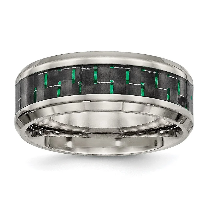 Affordable Diamond Rings-Men's 8mm Titanium Black/Green Carbon Fiber Beveled Comfort Fit Band