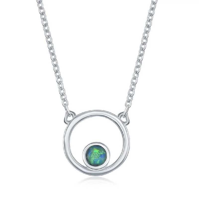 Sterling Silver Open Circle with Blue Inlay Opal Necklace