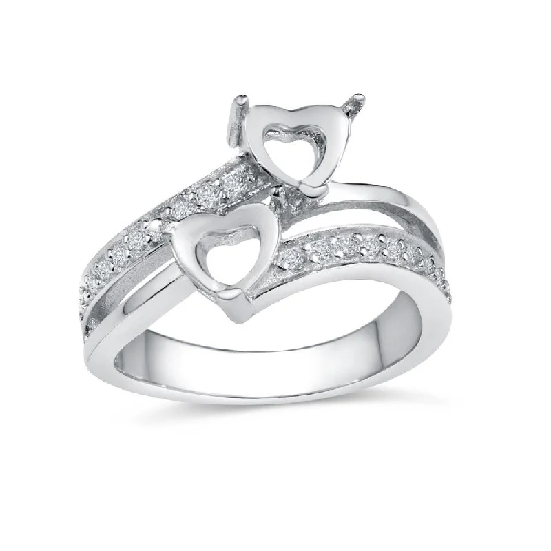 Simple Wedding Bands-Rhodium Plated 925 Sterling Silver Double Heart Ring with CZ - BGR01021