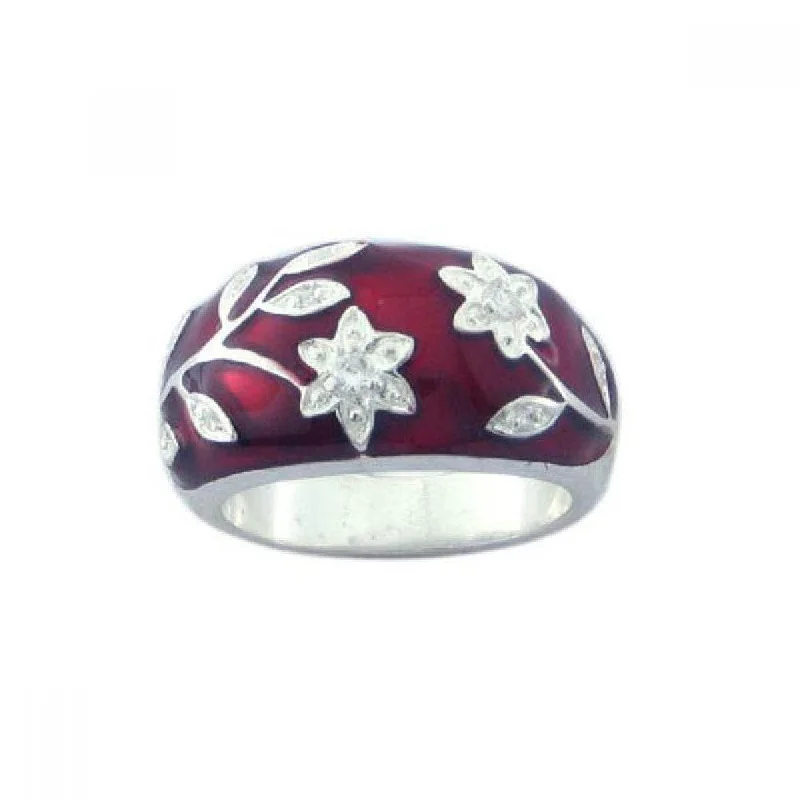 Vintage Wedding Bands for Women-Silver 925 Rhodium Plated Red Enamel CZ Flower Ring - STR00545