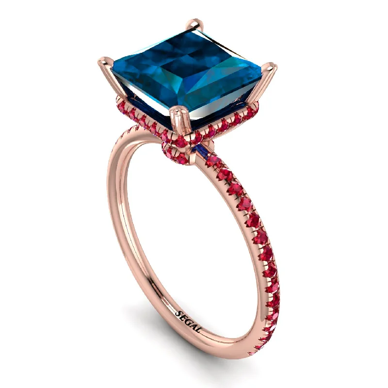 Trendy Wedding Bands-Trendy Hidden Halo Blue Topaz Princess Cut Engagement Ring - Daria No. 511