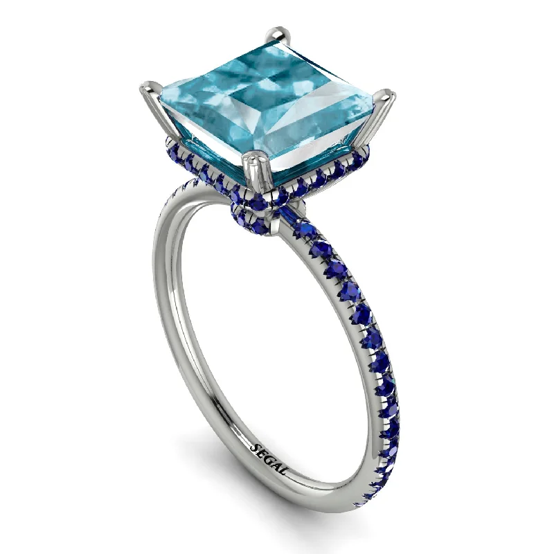 Beautiful Wedding Ring Sets-Trendy Hidden Halo Aquamarine Princess Cut Engagement Ring - Daria No. 415