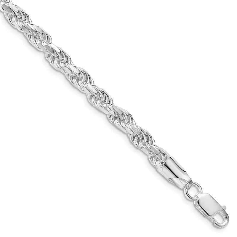 Custom Bead Bracelets-Sterling Silver Rhodium-plated 5.75mm Diamond-cut Rope Chain Bracelet