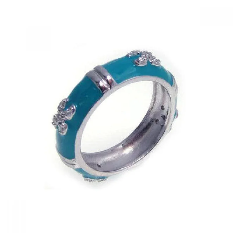 Vintage Wedding Rings-Silver 925 Rhodium Plated Aqua Enamel CZ Eternity Ring - STR00541