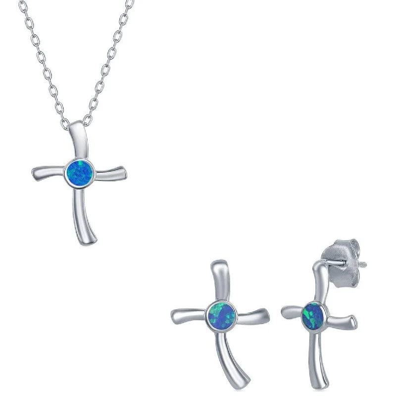 Opalata Women's Necklace and Earrings Set - Sterling Silver Blue Opal Cross | SET-583