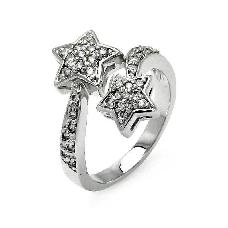 Matching Wedding Rings-Silver 925 Rhodium Plated Double CZ Star Ring - STR00055