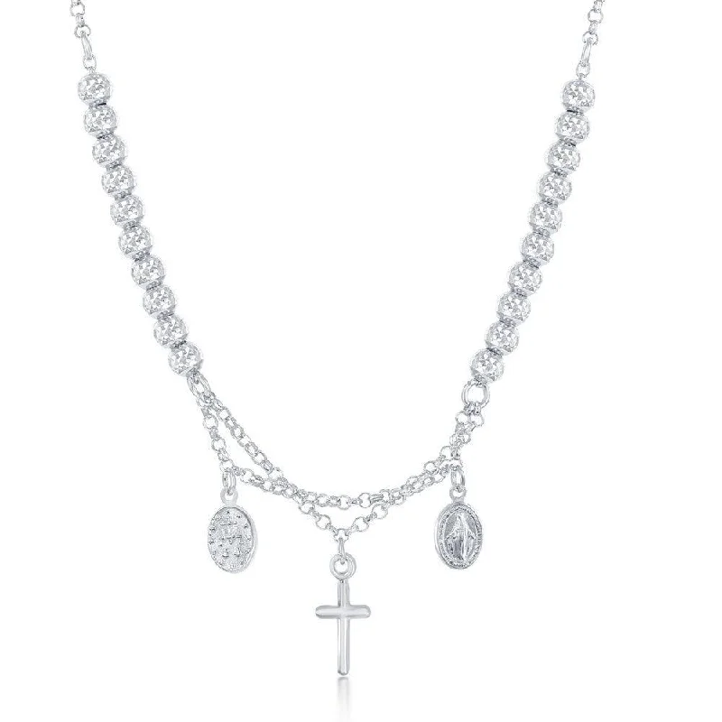 Sterling Silver Diamond Cut Cross and Medal Necklace