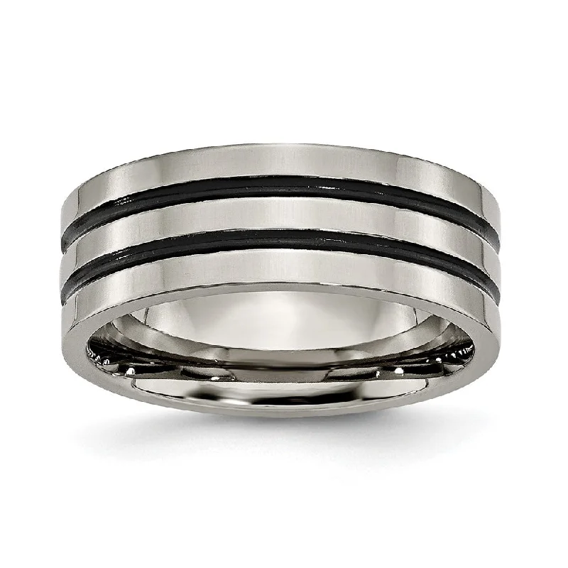 Simple Wedding Bands-8mm Titanium & Black Enamel Polished Grooved Flat Standard Fit Band