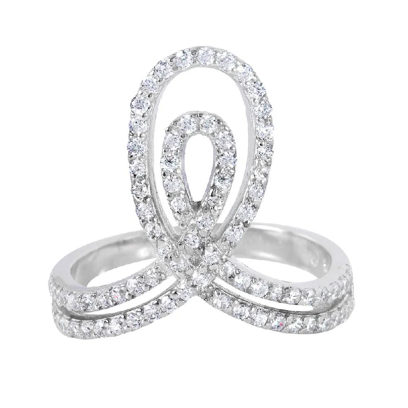 Trendy Engagement Rings-Silver 925 Rhodium Plated Clear Pave Set Double Loop Ring - BGR00946