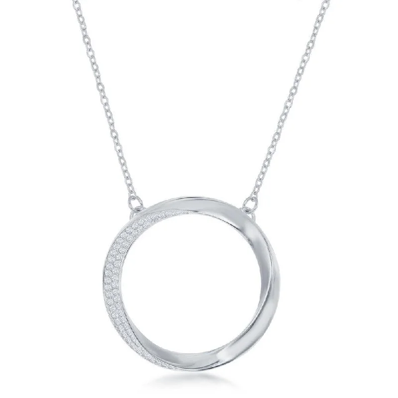 Sterling Silver Half Micro-Pave Twisted Open Circle Necklace