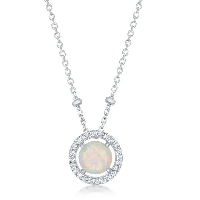 Sterling Silver Round White Opal with CZ Halo Beads Necklace