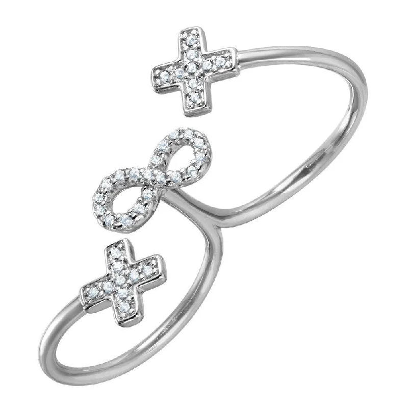 Classic Engagement Rings-Silver 925 Rhodium Plated Crosses and Infinity CZ Two-Finger Open Ring - BGR00999