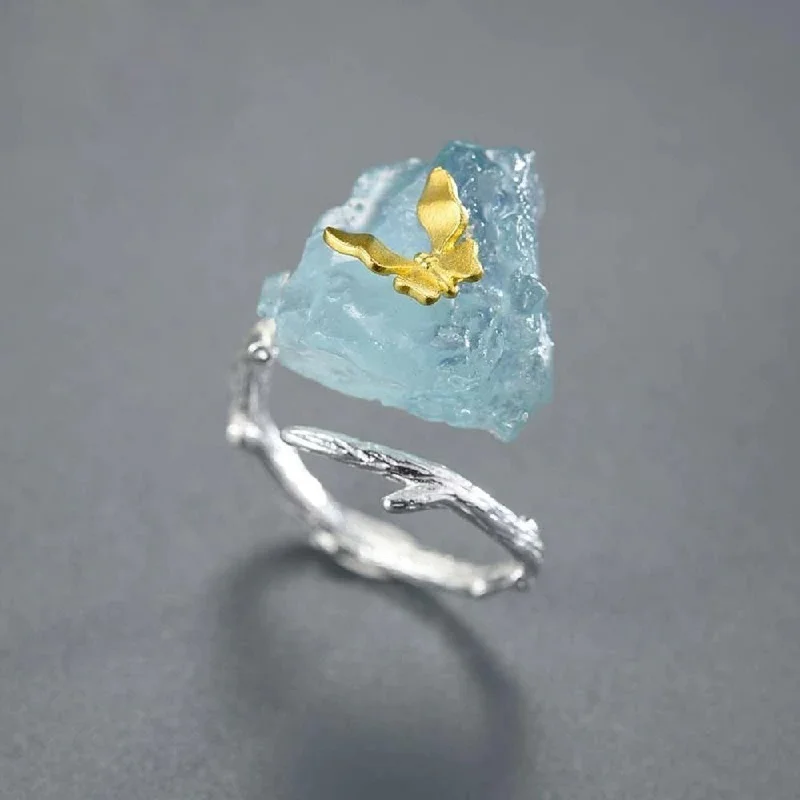 Custom Name Rings-Butterfly Aquamarine Stone Ring