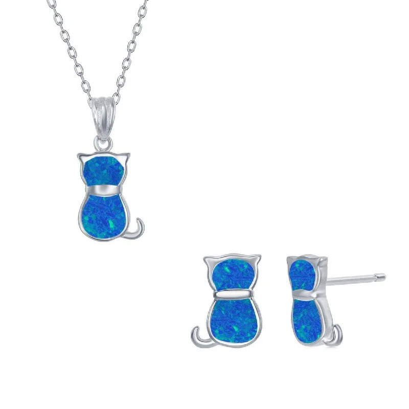 Women's Necklace and Earrings Set - Sterling Silver Blue Opal Cat | SET-577