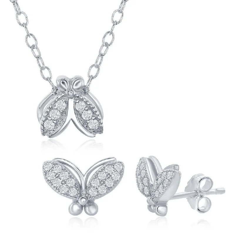 Sterling Silver Small CZ Moth Necklace and Earrings Set