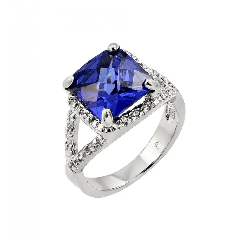 Personalized Birthstone Rings-Silver 925 Rhodium Plated Blue Princess Cut Center and Clear CZ Ring - BGR00771