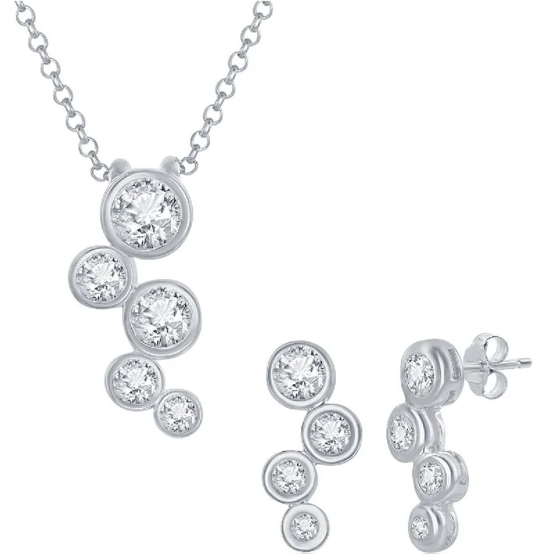 Classic Women's Necklace and Earrings Set - White CZ Stone Bubble Silver | HS-4092