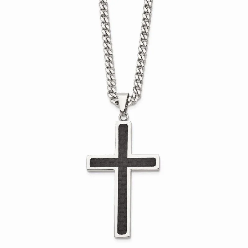 Stainless Steel Polished w/Black Carbon Fiber Cross 24in Necklace