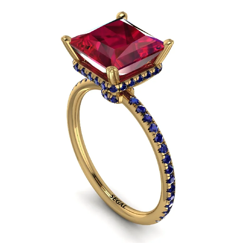 Antique Style Wedding Rings-Trendy Hidden Halo Ruby Princess Cut Engagement Ring - Daria No. 70