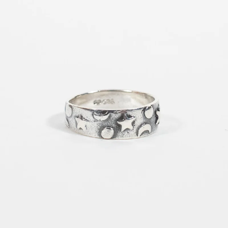 Bridal Rings-Silver Stamped Moon & Star Ring