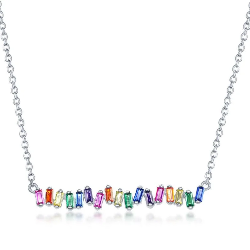 Sterling Silver Rainbow Baguette Cubic Zirconia Bar Necklace