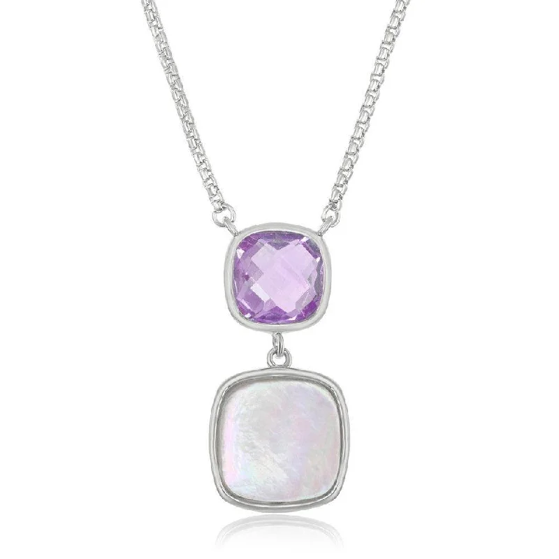 Sterling Silver Double Square Amethyst and Mother of Pearl Necklace