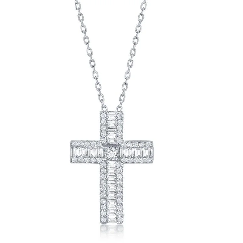 Sterling Silver Baguette Cubic Zirconia Cross Necklace