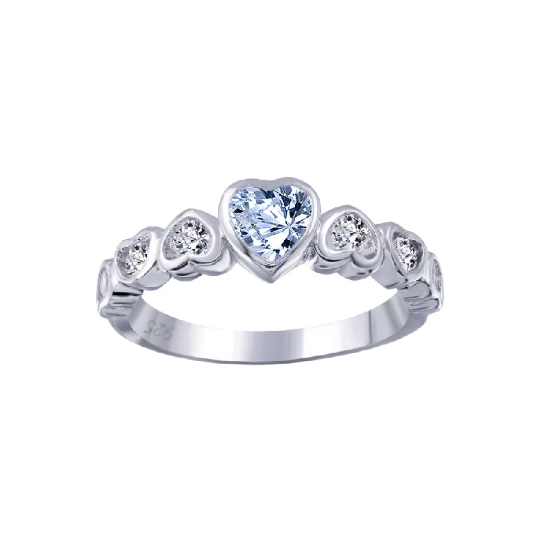 Handcrafted Engagement Rings-Silver 925 Rhodium Plated Teal Center CZ Heart Ring - BGR00014A