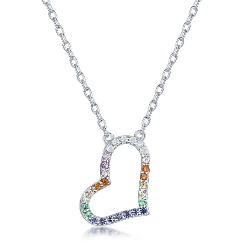 Sterling Silver Rainbow Cubic Zirconia Sideways Heart Necklace