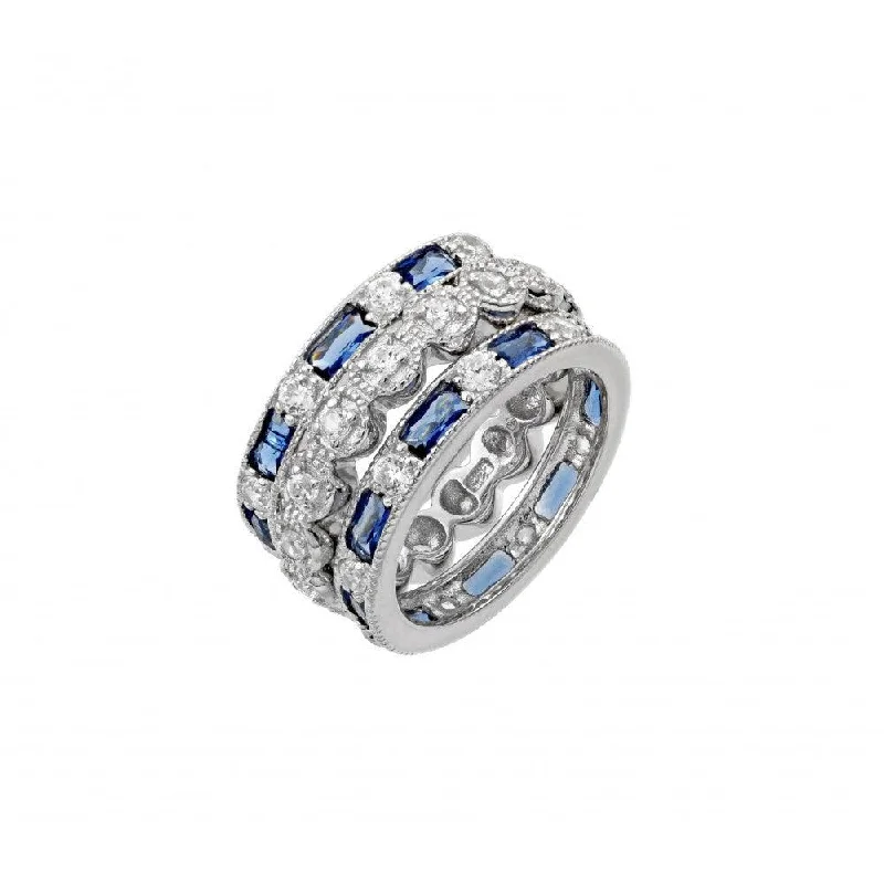 Classic Wedding Ring Sets-Silver 925 Rhodium Plated Blue Baguette and Round Clear CZ Ring - STR01019